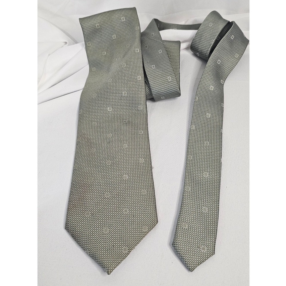 Kenneth Cole Reaction Mens Olive Green Geometric Square Silk Necktie Handmade
